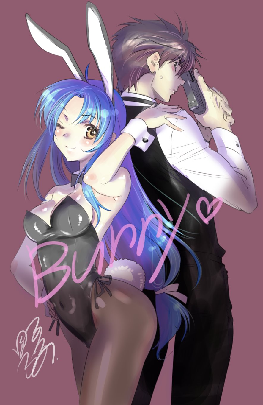 1boy 1girl animal_ears back-to-back black_hair black_leotard black_neckwear black_pants black_vest blue_hair bow bowtie breasts brown_background brown_eyes brown_pantyhose chidori_kaname cleavage commentary_request cowboy_shot detached_collar fake_animal_ears formal_clothes full_metal_panic! gun handgun highres leotard long_hair looking_at_viewer low-tied_long_hair medium_breasts one_eye_closed pants pantyhose pistol playboy_bunny rabbit_ears rabbit_tail sagara_sousuke shikidouji signature simple_background strapless strapless_leotard suit tail vest weapon weapon_request wrist_cuffs