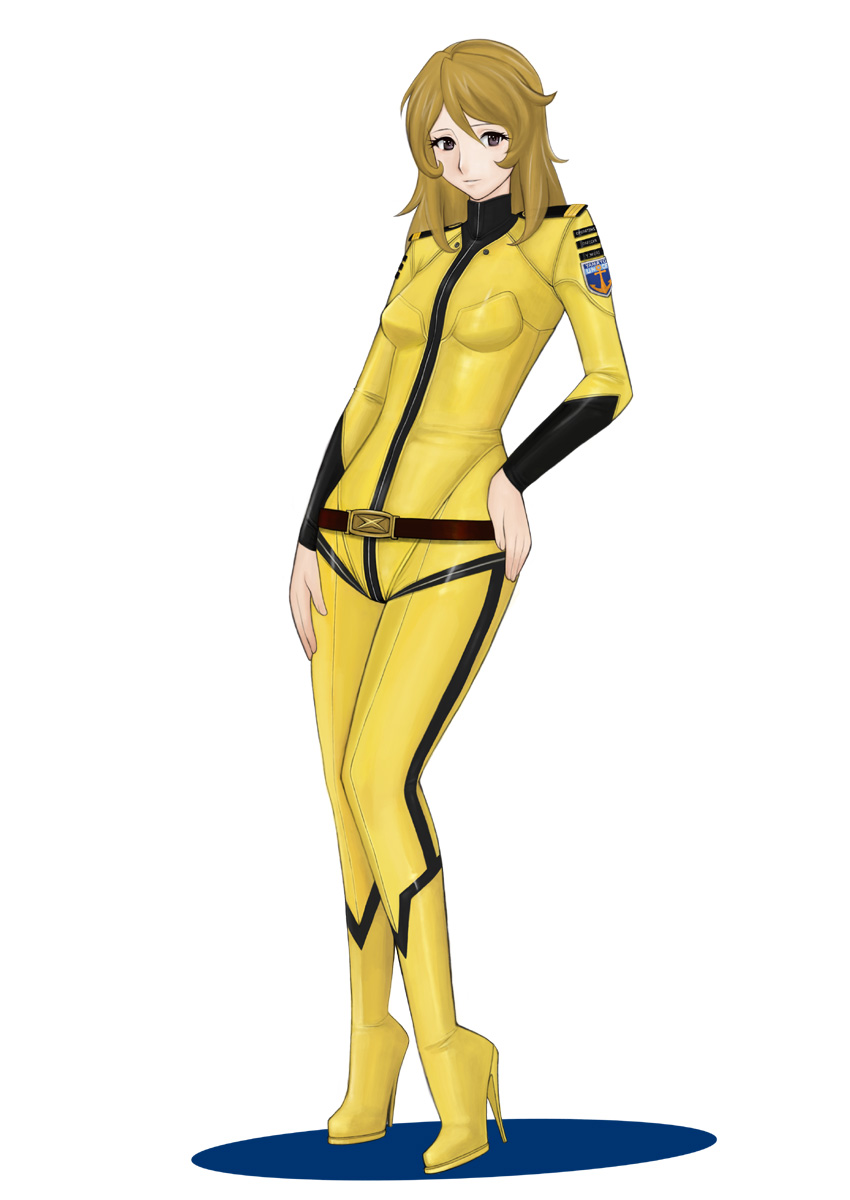 1girl blonde_hair bodysuit bodysuit_integrated_heels breasts brown_eyes closed_mouth female_focus high_heels highres komii long_hair looking_at_viewer military military_uniform mori_yuki skin_tight solo uchuu_senkan_yamato uchuu_senkan_yamato_2199 yellow_bodysuit