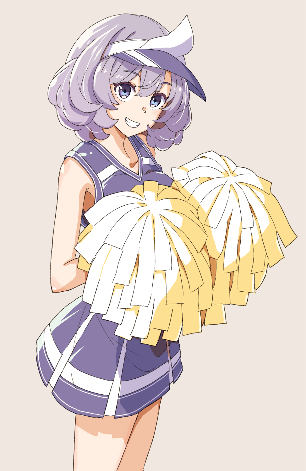 1girl alternate_costume bare_arms cheerleader commentary_request cowboy_shot grin happy highres jack_(wkm74959) letty_whiterock looking_at_viewer medium_hair one-hour_drawing_challenge pom_pom_(cheerleading) purple_eyes purple_hair purple_skirt purple_tank_top skirt smile solo tank_top touhou visor_cap