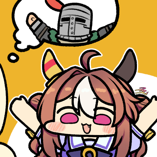 1girl ahoge animal_ears armor arms_up bow bowtie brown_hair chibi comic commentary copano_rickey_(umamusume) dark_souls_(series) dark_souls_i double_bun ear_covers fang hair_between_eyes hair_bun hair_intakes helm helmet horse_ears horse_girl jazz_jack long_hair lowres multicolored_hair open_mouth orange_background praise_the_sun puffy_short_sleeves puffy_sleeves purple_bow purple_bowtie purple_eyes purple_shirt sailor_collar sailor_shirt school_uniform shirt short_sleeves sidelocks signature silent_comic solaire_of_astora speech_bubble summer_uniform thought_bubble tracen_school_uniform trait_connection two-tone_hair umamusume upper_body white_hair white_sailor_collar