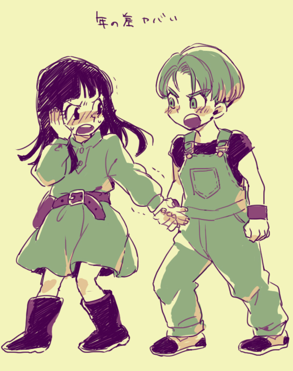 &gt;:( 1boy 1girl aida_mei arm_at_side beige_background belt black_footwear black_hair black_shirt blue_eyes blunt_bangs blush blush_stickers boots buttons child clenched_hand dragon_ball dragon_ball_super dragon_ball_z dragon_ball_z_kami_to_kami dress embarrassed eye_contact fingernails full_body hand_on_own_cheek hand_on_own_face hetero hime_cut holding_hands legs_apart long_hair long_sleeves looking_at_another mai_(dragon_ball) nervous overalls shirt short_sleeves simple_background standing sweatdrop trembling trunks_(dragon_ball) v-shaped_eyebrows wristband