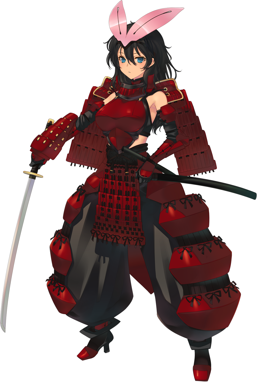 1girl aquaplus armor black_hair blue_eyes bou_(inubou) dark-skinned_female dark_skin dungeon_travelers_2 female_focus full_body grisherina_efleanor high_heels highres holding holding_weapon japanese_armor katana looking_at_viewer official_art samurai solo standing sword transparent_background weapon