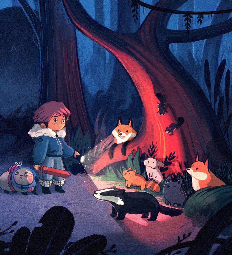1boy animal artist_name blue_jacket commentary dog ellievsbear english_commentary flashlight flashlight_beam foliage forest fox fur_lined grass holding holding_flashlight holding_sword holding_weapon jacket nature night original pants plant pug rabbit signature solid_circle_eyes solid_eyes squirrel sword tree weapon
