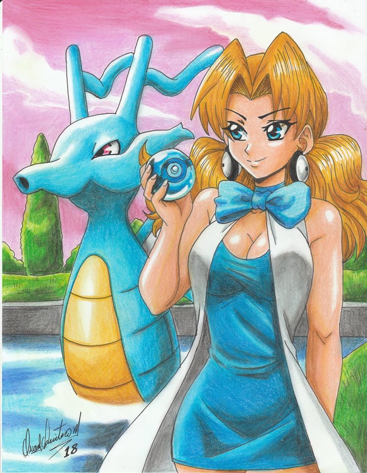 1girl 2018 artist_name bare_arms bare_shoulders blonde_hair blue_dress blue_eyes breasts cleavage coat cowboy_shot dive_ball dress earrings eyeshadow fish game_freak gen_2_pokemon grass jewelry kingdra large_breasts long_hair looking_to_the_side makeup molly_hale nintendo outdoors pink_eyes pink_sky poke_ball pokemon pokemon_(anime) pokemon_(classic_anime) pokemon_(creature) pokemon_3:_the_movie_-_spell_of_the_unown:_entei ravernclouk_design ribbon_trim seahorse sky sleeveless standing traditional_media tree twintails water white_coat