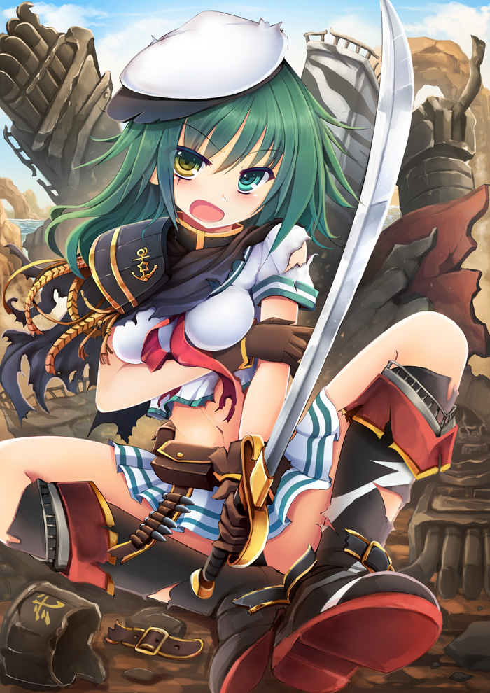10s 1girl aqua_eyes boots breasts cape eyepatch gloves goushou green_hair hat heterochromia kantai_collection kiso_(kancolle) machinery medium_breasts navel open_mouth school_uniform serafuku short_hair skirt sword torn_clothes weapon yellow_eyes