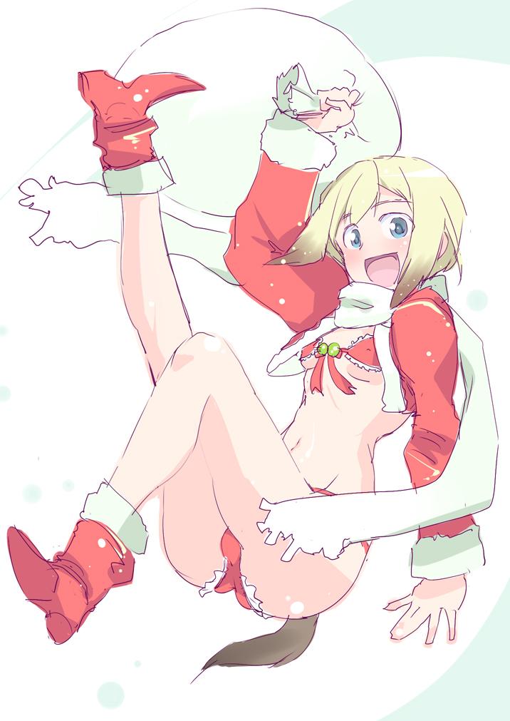 1girl bikini blonde_hair boots christmas dog_tail erica_hartmann female_focus santa_bikini santa_costume scarf short_hair solo strike_witches swimsuit tail touge_hiro world_witches_series