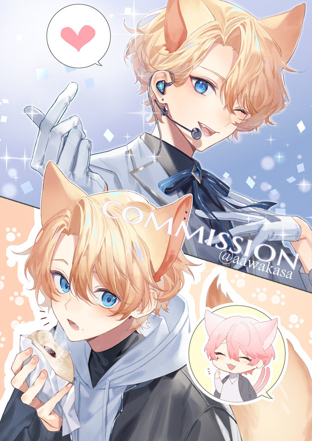 2boys ;d animal_ears black_jacket black_shirt blonde_hair blue_bow blue_eyes bow collared_shirt commission copyright_request drawstring fang food gloves grey_hoodie grey_jacket hair_between_eyes half_gloves hand_up headset heart holding holding_food hood hood_down hoodie jacket multiple_boys multiple_views one_eye_closed open_clothes open_jacket open_mouth parted_bangs pink_hair pointing pointing_at_self ryuuki_(hydrangea) shirt skeb_commission smile spoken_heart upper_body white_gloves