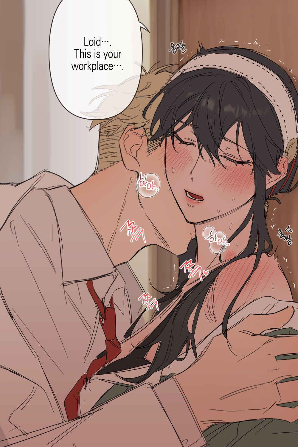 1boy 1girl black_hair blonde_hair blush collarbone dress earrings gold_earrings hairband highres husband_and_wife jewelry long_hair long_sidelocks long_sleeves shirt short_hair sidelocks siro666b spy_x_family twilight_(spy_x_family) yor_briar