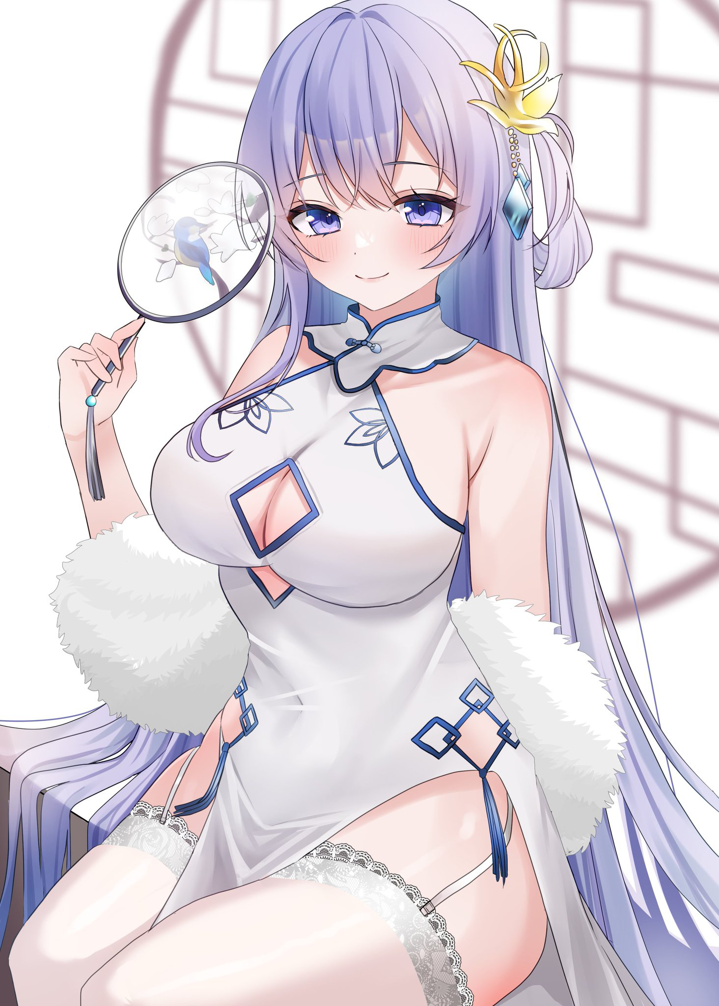 1girl azur_lane blue_gemstone breasts china_dress chinese_clothes clothing_cutout cutout_above_navel dress feather_boa fur_shawl garter_straps gem hair_ornament hand_fan highres holding holding_fan lace lace-trimmed_thighhighs lace_trim large_breasts official_alternate_costume pelvic_curtain purple_eyes rodney_(azur_lane) rodney_(immaculate_beauty)_(azur_lane) round_window shawl sitting sleeveless sleeveless_dress solo thighhighs transparent_fan tuanshan underboob_cutout white_garter_straps white_thighhighs window yoshino_(mfmfpng)