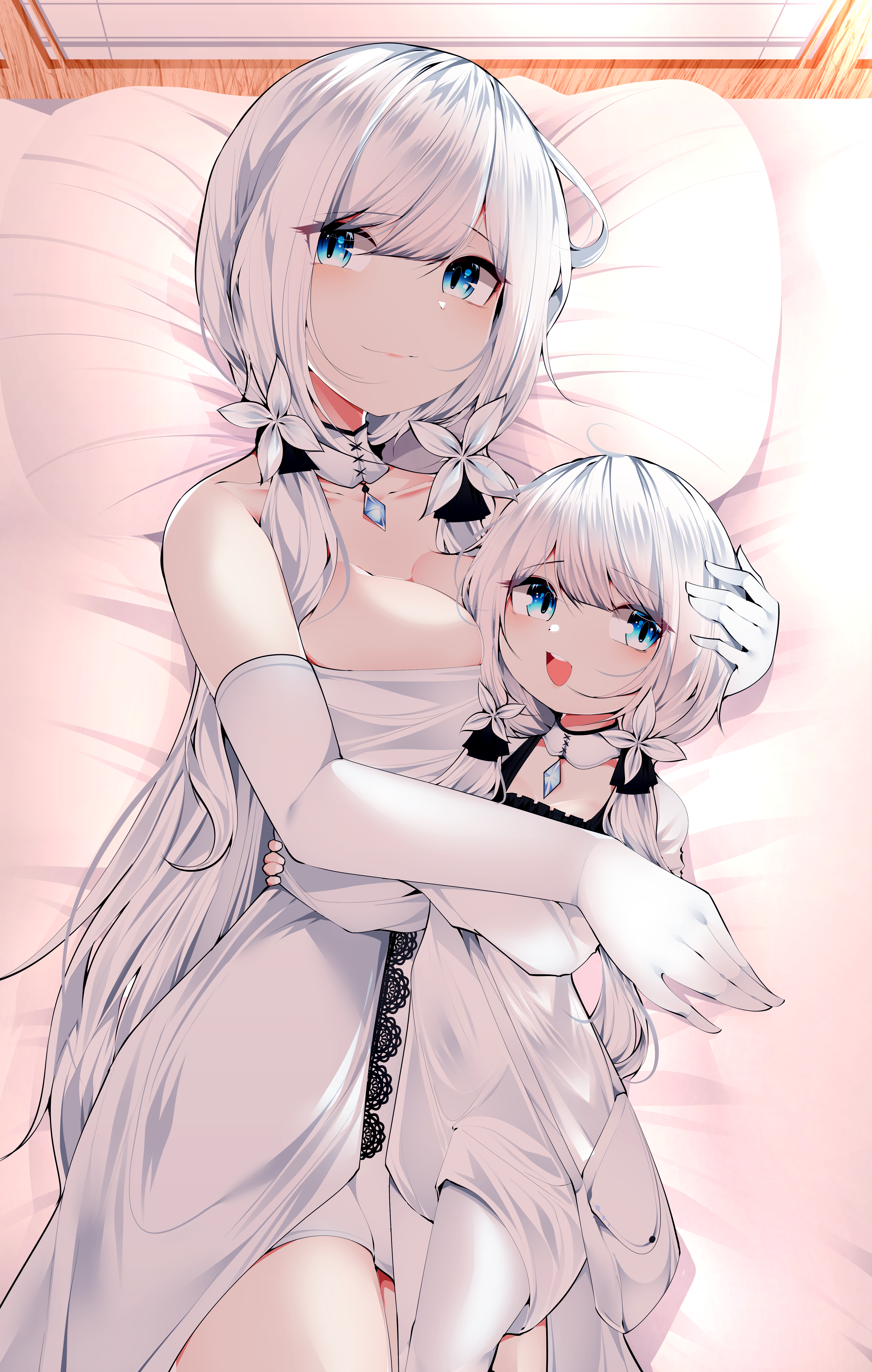 2girls :d absurdres azur_lane bare_shoulders bed blue_eyes blunt_bangs breasts child choker collarbone crystal dress elbow_gloves flower gem gloves hair_flower hair_ornament highres hug illustrious_(azur_lane) large_breasts little_illustrious_(azur_lane) low_twintails lying multiple_girls on_back open_mouth pillow samip smile strapless strapless_dress twintails white_choker white_dress white_gloves white_hair white_legwear