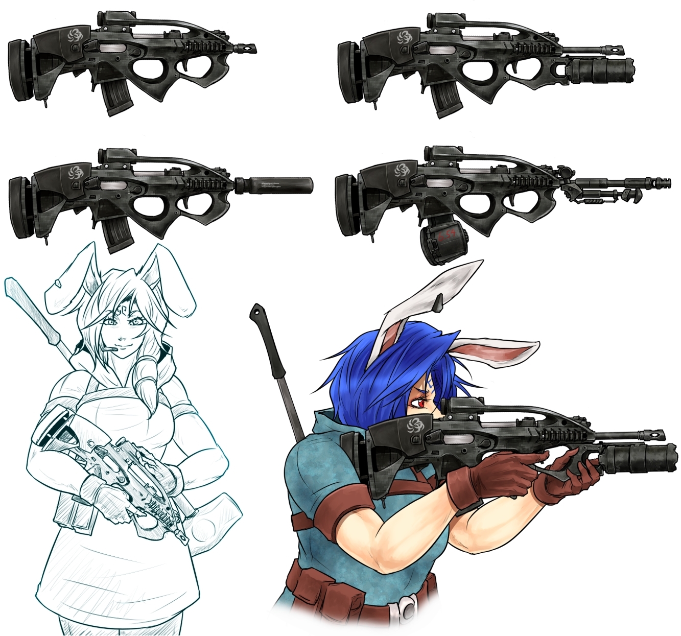 1girl animal_ears assault_rifle blue_dress blue_hair brown_gloves bullpup closed_mouth commentary_request dress drum_magazine forehead_tattoo gloves grenade_launcher gun high-capacity_magazine highres holding holding_gun holding_weapon long_hair magazine_(weapon) rabbit_ears rabbit_girl red_eyes rifle ryuuichi_(f_dragon) seiran_(touhou) simple_background smile touhou underbarrel_grenade_launcher upper_body weapon white_background