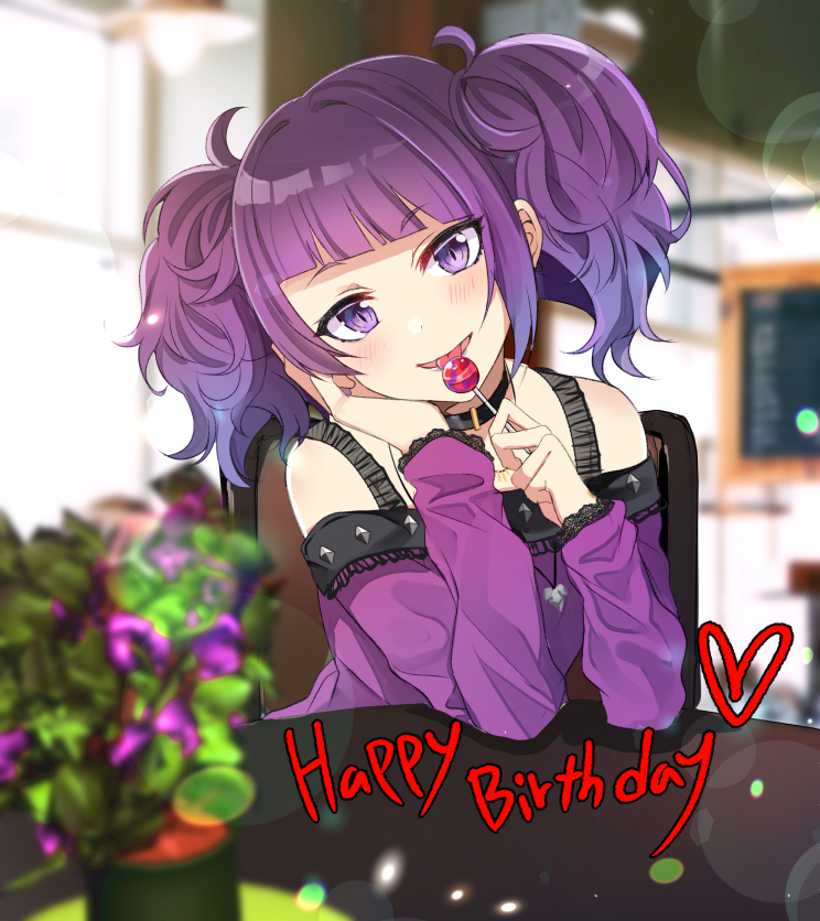 1girl bare_shoulders black_choker blunt_bangs blurry blush breasts candy ceiling_light chair chocho_(homelessfox) choker depth_of_field diagonal_bangs dot_nose eating elbows_on_table food hand_on_own_face happy_birthday head_rest heavy_lens_flare holding holding_candy holding_food idolmaster idolmaster_shiny_colors indoors jewelry lens_flare lollipop long_hair long_sleeves looking_at_viewer medium_breasts menu_board necklace off-shoulder_shirt off_shoulder on_chair plant potted_plant purple_eyes purple_hair purple_shirt shirt short_twintails sitting smile solo studded table tanaka_mamimi tongue tongue_out twintails window