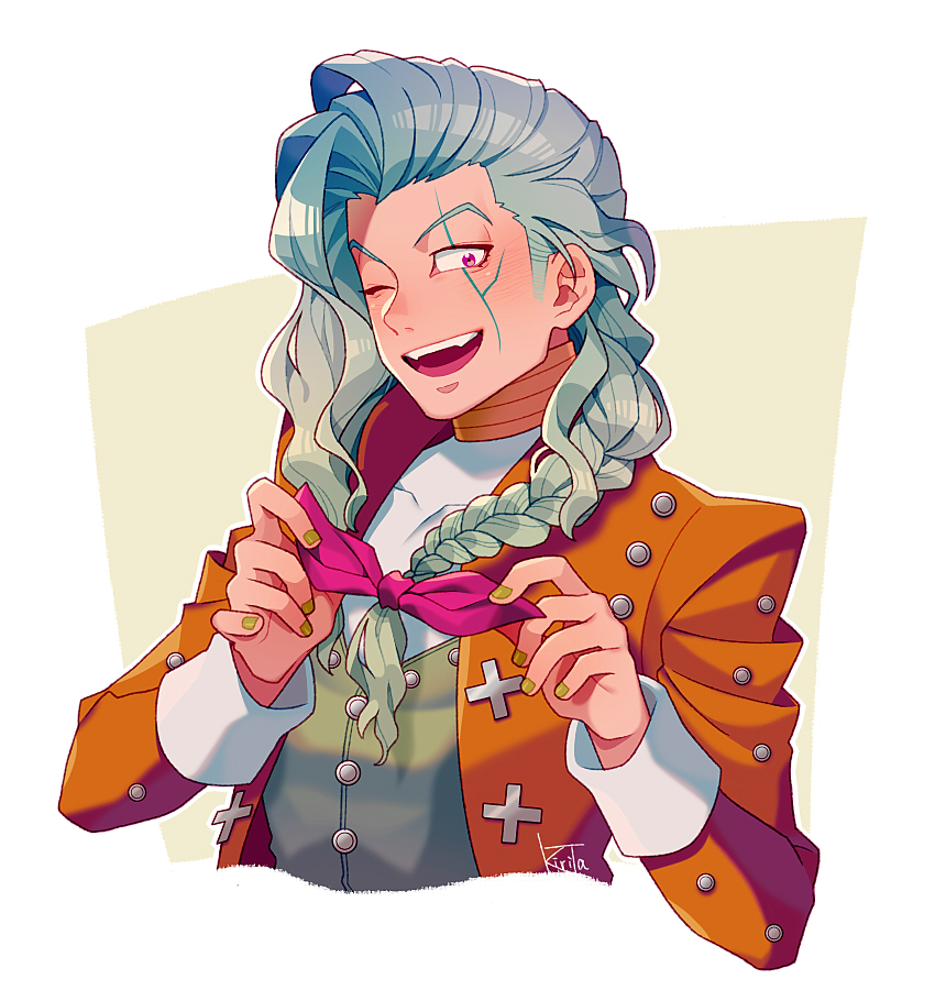 alternate_hairstyle braid coat collarbone cropped_torso diamond_wa_kudakenai fingernails grey_hair grey_vest jojo_no_kimyou_na_bouken kiri_futoshi long_hair long_sleeves looking_at_viewer nail_polish one_eye_closed open_mouth orange_coat otoishi_akira pink_eyes pink_ribbon ribbon shirt sideburns solo vest white_shirt yellow_nails