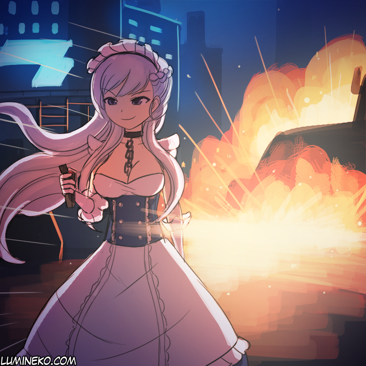 &gt;:) 1girl artist_name azur_lane belfast_(azur_lane) braid breasts cleavage commentary crossover detonator english_commentary explosion female_focus french_braid grey_hair long_hair lumineko maid maid_headdress medium_breasts parody purple_eyes smile solo x-com xcom_2