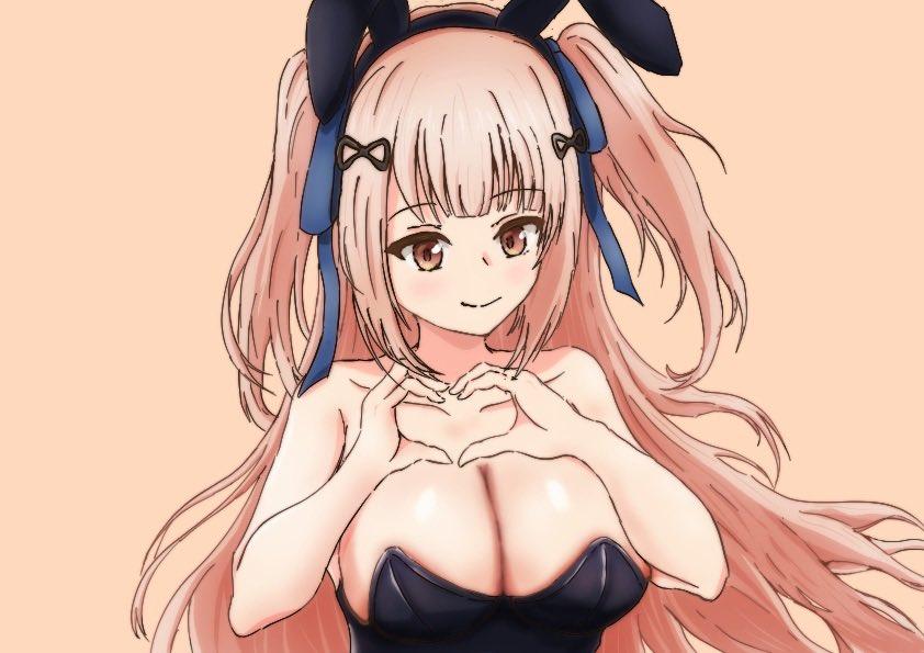 1girl animal_ears assault_lily bare_arms bare_shoulders black_hairband black_leotard blue_ribbon blush breasts brown_background brown_hair cleavage closed_mouth commentary_request fake_animal_ears hair_ribbon hairband hands_up heart heart_hands large_breasts leotard long_hair looking_at_viewer nukenin_(maato) playboy_bunny rabbit_ears ribbon simple_background smile solo strapless strapless_leotard tada_shiera two_side_up upper_body