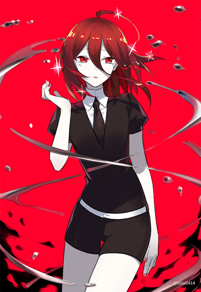 1other ahoge androgynous cinnabar_(houseki_no_kuni) crying crying_with_eyes_open gem_uniform_(houseki_no_kuni) houseki_no_kuni mercury_(element) nashi_(tidal0414) necktie red_background red_eyes red_hair short_hair shorts solo sparkle tears
