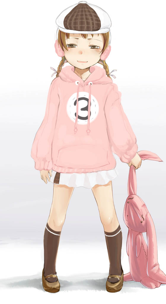 1girl blush braid brown_eyes brown_hair char child female_focus full_body hat hood hoodie long_sleeves original skirt sleeves_past_wrists socks sody solo stuffed_animal stuffed_rabbit stuffed_toy twin_braids