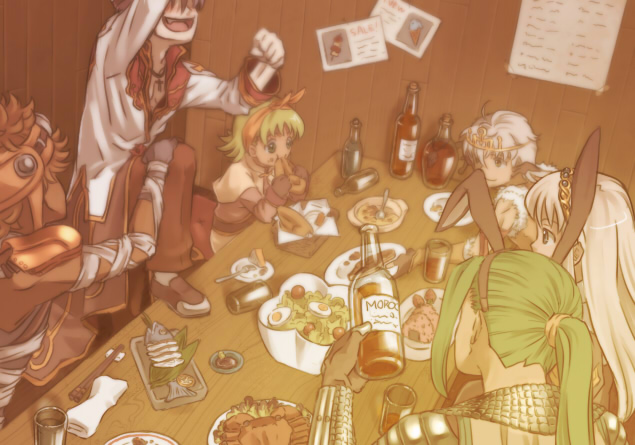 3boys 3girls acolyte_(ragnarok_online) alcohol armor assassin_(ragnarok_online) bandages bar_(place) black_coat bow_hairband bread brown_dress brown_footwear brown_gloves brown_hair brown_pants capelet chair cheese chopsticks closed_mouth coat commentary_request crab crown cup dark-skinned_male dark_skin dress eating egg_(food) fish food fork fruit glass gloves goggles goggles_on_head green_eyes green_hair hairband hardboiled_egg high_priest_(ragnarok_online) holding holding_food ice_cream indoors knight_(ragnarok_online) long_hair long_sleeves looking_at_another looking_to_the_side multiple_boys multiple_girls napkin on_chair onigiri open_mouth pants pauldrons plate ponytail priest_(ragnarok_online) purple_hair ragnarok_online red_shirt salad shirt short_hair shoulder_armor sitting sniper_(ragnarok_online) soup spoon standing standing_on_chair strawberry susukinohukurou table two-tone_shirt wasabi white_capelet white_hair white_shirt yakitori
