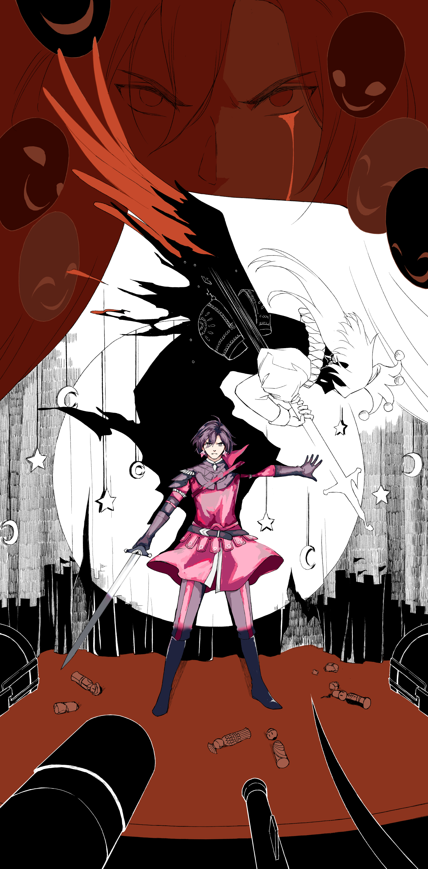 1boy absurdres armor at_gunpoint at_knifepoint belt black_armor black_belt black_cape black_footwear black_hair black_pants blood bloody_tears boots broken broken_crown cannon cape constantine_xi_(fate) crescent crown curtained_hair curtains double_exposure earrings fate/grand_order fate_(series) feathered_wings figure floating_cape full_body hair_between_eyes hat highres holding holding_sword holding_weapon jester jester_cap jester_costume jewelry knee_boots long_hair looking_at_viewer male_focus mask miyuyoko mobile multiple_views neck_ruff outstretched_arm pants red_tunic short_hair side_cape silhouette stab stage stage_curtains standing star_(symbol) straight-on suicide sword teardrop_facial_mark tunic unworn_mask weapon wings