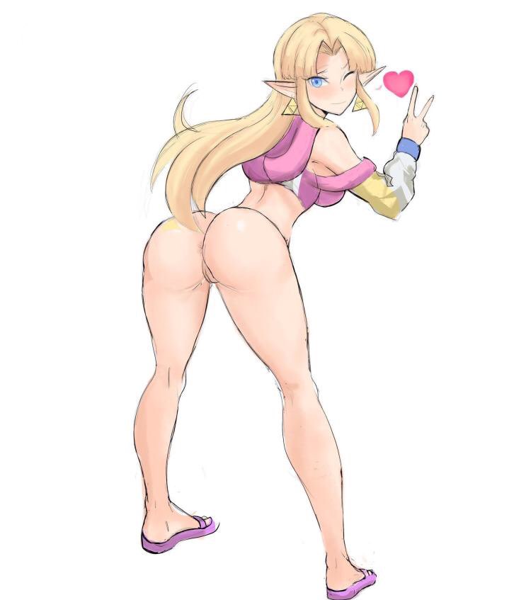 1girl ass blonde_hair blue_eyes bottomless cropped_jacket earrings elf feet flip-flops heart jewelry legs looking_at_viewer nintendo no no_panties one_eye_closed pointy_ears princess_zelda sandals spoken_heart super_smash_bros. the_legend_of_zelda the_legend_of_zelda:_a_link_between_worlds the_legend_of_zelda:_a_link_to_the_past thighs triforce v wink