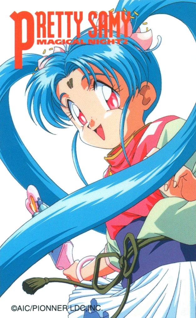 1990s_(style) 1girl aqua_hair bracelet company_name copyright_name facial_mark flower forehead_mark freckles hair_flower hair_ornament holding holding_wand jewelry kawai_sasami long_hair long_sleeves magical_girl mahou_shoujo_pretty_sammy masaki_sasami_jurai miniskirt official_art open_mouth pink_eyes pretty_sammy_(character) retro_artstyle scan simple_background skirt solo tenchi_muyou! twintails wand white_background white_skirt