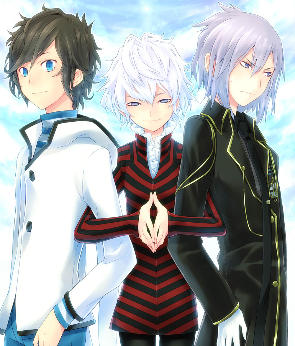 10s 3boys black_hair blue_eyes devil_survivor_(series) devil_survivor_2 frown grey_eyes hair_over_one_eye hiromu_ps hood hoodie houtsuin_yamato kuze_hibiki male_focus melancholy_man multiple_boys necktie short_hair smile sweatdrop turtleneck white_eyes white_hair