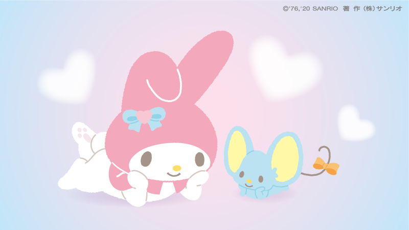 1boy 1girl artist_request blue_background blue_ribbon bow closed_mouth company_name copyright_notice elbow_rest eye_contact gradient_background head_rest heart heart_background leg_up looking_at_another lying mouse_(animal) mr._flat my_melody no_lineart official_art on_stomach onegai_my_melody orange_bow pink_background purple_background ribbon sanrio simple_background smile tail tail_bow tail_ornament the_pose