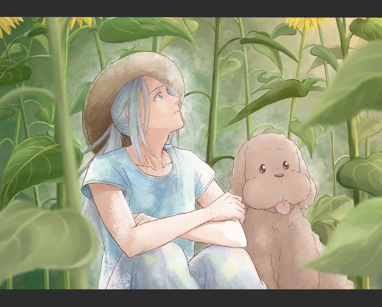 1boy aged_down blue_eyes dog flower hat looking_up makkachin male_focus parted_lips ponytail shirt silver_hair sitting sunflower t-shirt takeshi_(mononohu20) tongue tongue_out viktor_nikiforov yuri!!!_on_ice