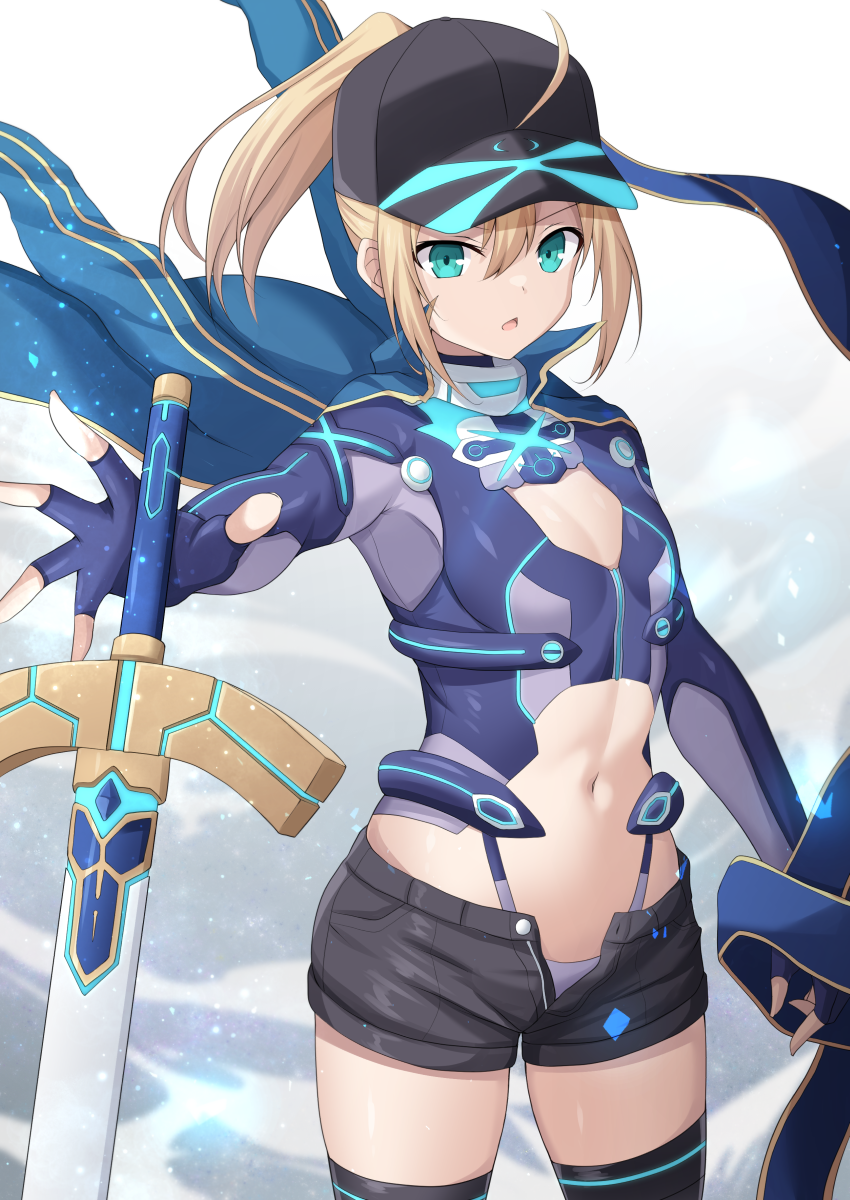 1girl ahoge artoria_pendragon_(fate) baseball_cap black_hat black_shorts black_thighhighs blonde_hair blue_scarf breasts cross_(crossryou) fate/grand_order fate_(series) gloves green_eyes hair_through_headwear hat highres himitsucalibur_(fate) jacket jacket_on_shoulders long_hair looking_at_viewer mysterious_heroine_x_(fate) mysterious_heroine_x_(third_ascension)_(fate) navel open_clothes open_shorts ponytail scarf shorts solo sword thighhighs track_jacket weapon