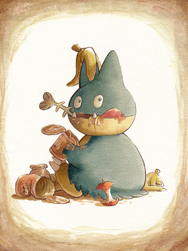 apple banana_peel claws fish_skeleton food fruit gen_4_pokemon looking_back munchlax nintendo oliver_hamlin painting_(medium) pokemon pokemon_(creature) sharp_teeth solo teeth traditional_media trash watercolor_(medium)