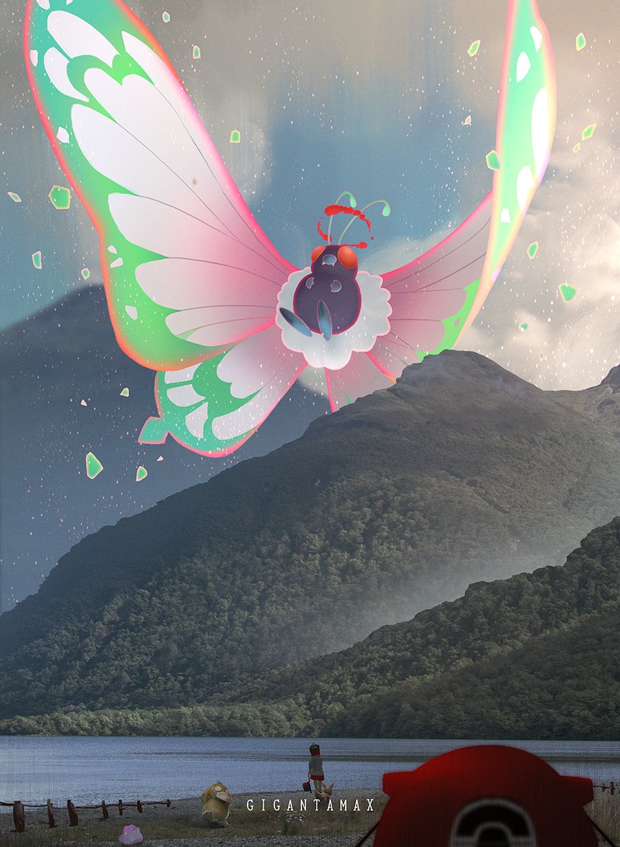 1girl animal antennae bug butterfree cloud commentary_request creatures_(company) ditto eevee fence flying forest game_freak gen_1_pokemon gigantamax gigantamax_butterfree gloria_(pokemon) highres hill insect_wings nature nintendo otsumami_(bu-bu-heaven) outdoors oversized_animal pokemon pokemon_(creature) pokemon_focus pokemon_swsh psyduck red_clouds red_eyes scales sky solo_focus tent tree water wings