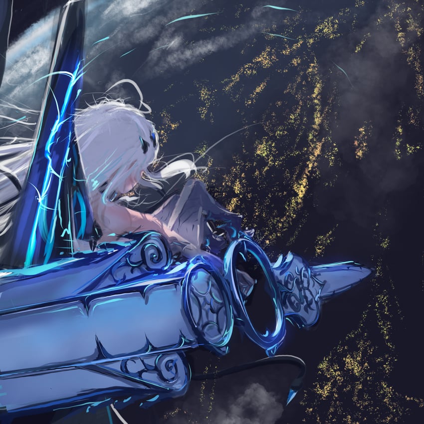 1girl above_clouds bare_shoulders barefoot blue_wings choker city_lights cloud cloudy_sky dragon_girl dragon_tail earth_(planet) melusine_(fate) melusine_(third_ascension)_(fate) fate/grand_order fate_(series) feet from_above holding holding_polearm holding_weapon jinj0121 long_hair looking_down multicolored_hair planet polearm sky solo streaked_hair tail weapon white_hair wings