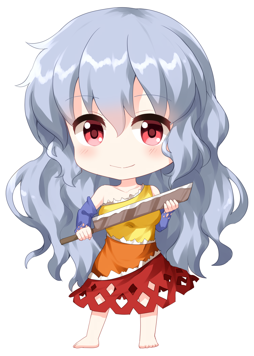 1girl barefoot blue_sleeves blush chibi chibi_only cleaver closed_mouth commentary_request detached_sleeves dress full_body grey_hair highres holding holding_cleaver long_hair looking_at_viewer multicolored_dress orange_dress red_dress red_eyes ruu_(tksymkw) sakata_nemuno simple_background single-shoulder_dress sleeveless sleeveless_dress smile solo standing touhou white_background yellow_dress