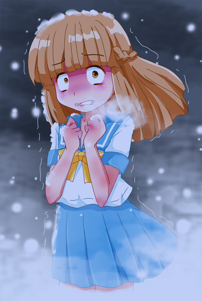 1girl blue_sailor_collar blue_skirt blunt_bangs bow braid brown_eyes brown_hair clenched_hands cold grey_sky hands_up kirameki_high_school_uniform long_hair looking_at_viewer mikihara_megumi outdoors sailor_collar school_uniform serafuku shishinon skirt sky snowing tokimeki_memorial tokimeki_memorial_1 trembling yellow_bow