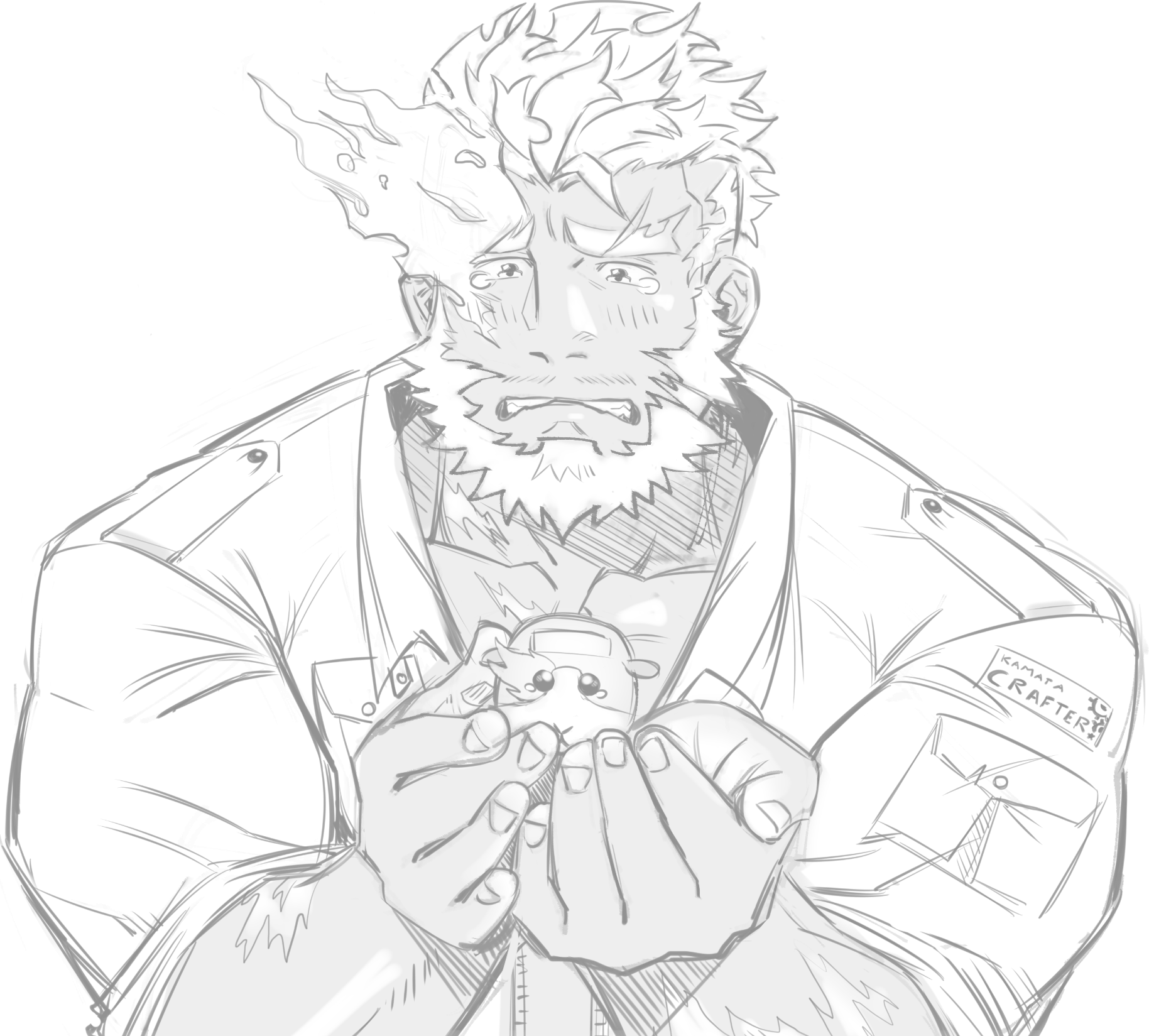 1boy bara beard blush boarsunrise character_request collared_jacket creature dark-skinned_male dark_skin eyebrow_cut facial_hair flaming_eye greyscale hephaestus_(housamo) highres holding holding_creature huge_eyebrows jacket male_focus mature_male monochrome muscular muscular_male pectorals short_hair sleeves_rolled_up solo_focus tearing_up tokyo_houkago_summoners upper_body