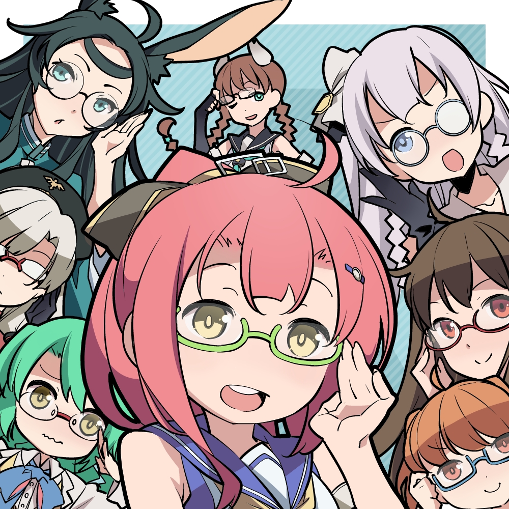 6+girls :d ;d ahoge animal_ear_fluff animal_ears aqua_eyes azur_lane black_gloves black_hair blue-framed_eyewear blue_eyes braid brown_hair edinburgh_(azur_lane) eyebrows fletcher_(azur_lane) glasses gloves green-framed_eyewear hair_ornament high_ponytail kako_(azur_lane) koln_(azur_lane) langley_(azur_lane) london_(azur_lane) long_hair multiple_girls no_nose nyuusankin one_eye_closed open_mouth orange_hair ponytail rabbit_ears raleigh_(azur_lane) red-framed_eyewear red_eyes red_hair round_eyewear sailor_collar school_uniform semi-rimless_eyewear serafuku shirt silver_hair sleeveless sleeveless_shirt smile souryuu_(azur_lane) teeth trait_connection turtleneck twin_braids under-rim_eyewear yellow_eyes yellow_neckwear