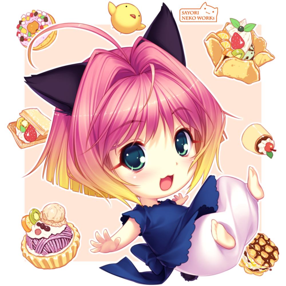 00s 1girl ahoge animal_ears bad_id bad_pixiv_id cat_ears chibi female_focus green_eyes multicolored_hair potemayo potemayo_(character) sayori_(neko_works) short_hair solo