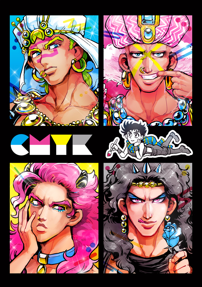 5boys bad_id bad_pixiv_id battle_tendency black_hair blonde_hair blue_flower blue_rose chibi chocoblood cover cover_page earrings esidisi eyeshadow facial_mark flower hoop_earrings horns jewelry jojo_no_kimyou_na_bouken joseph_joestar joseph_joestar_(young) kars_(jojo) leash limited_palette lip_piercing lip_ring makeup multiple_boys necklace nose_piercing nose_ring piercing pink_hair red_eyes rose santana_(jojo) scarf turban wamuu