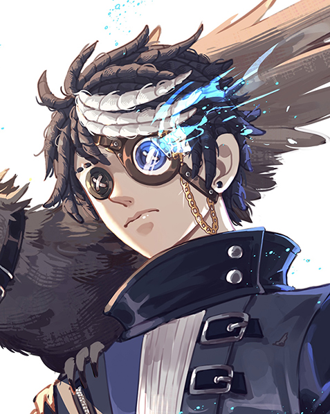 1boy animal animal_on_shoulder bird bird_on_shoulder black_eyes black_hair black_jacket blue_eyes blue_fire button_eyes buttons closed_mouth earrings eli_clark eli_clark_(&quot;noir&quot;) expressionless eyewear_strap fire flaming_eye hawk heterochromia high_collar identity_v jacket jewelry looking_at_viewer male_focus monocle multicolored_hair official_alternate_costume portrait short_hair streaked_hair stud_earrings swept_bangs white_background white_hair xualwqy zipper