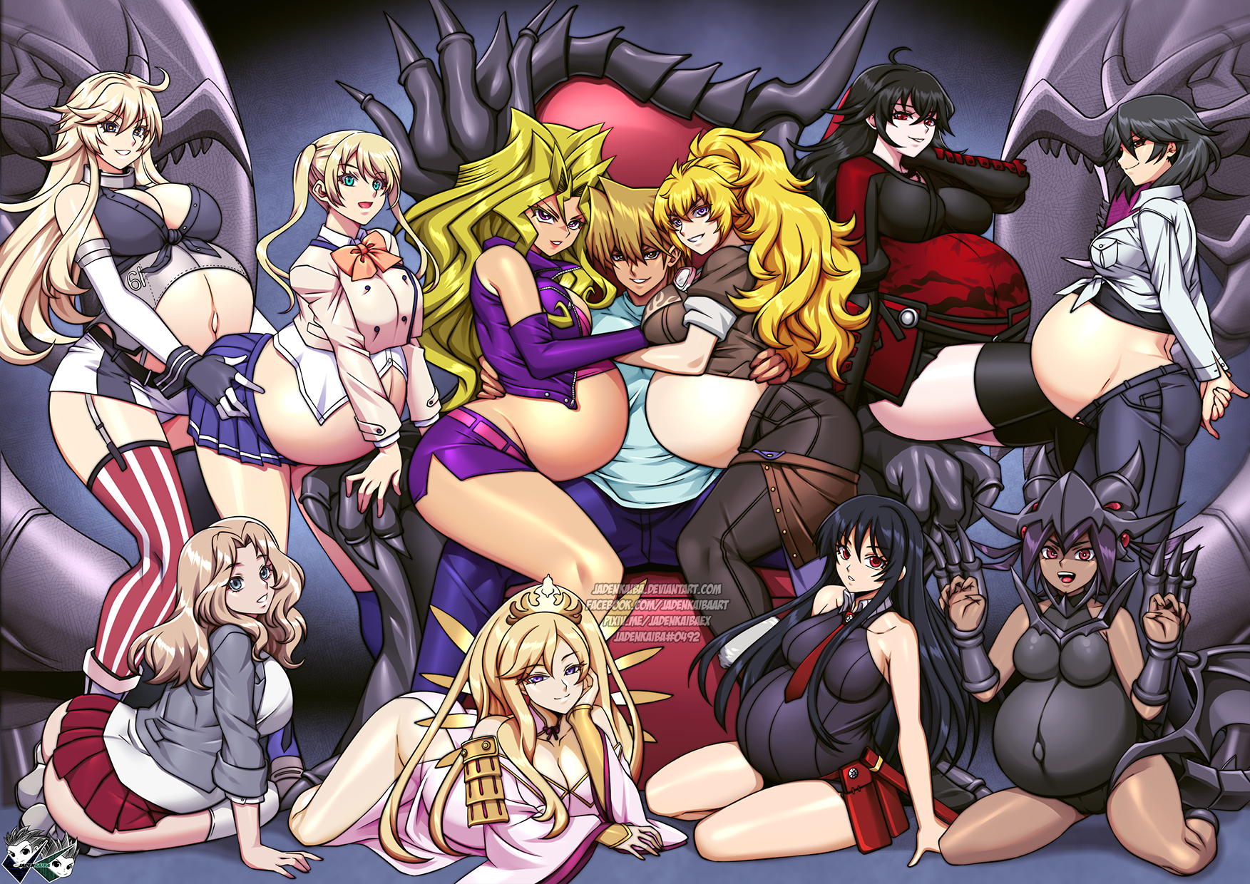 1boy 6+girls akame_(akame_ga_kill!) akame_ga_kill! ass black_hair blonde_hair blue_eyes breasts brown_eyes crossover curvy dark-skinned_female dark_skin girls_und_panzer harem highres hoshizaki_rika_(kanojo_mo_kanojo) huge_ass huge_breasts infinite_stratos iowa_(kancolle) jadenkaiba joey_wheeler jonouchi_katsuya kanojo_mo_kanojo kantai_collection kay_(girls_und_panzer) kneeling kujaku_mai large_breasts linea_nigra long_hair mature_female mother_and_daughter multiple_girls orimura_chifuyu pregnant purple_eyes raven_branwen red-eyes_black_dragon red_eyes red_eyes_black_dragon rwby sengoku_collection uesugi_kenshin yang_xiao_long yu-gi-oh! yu-gi-oh!_cross_duel