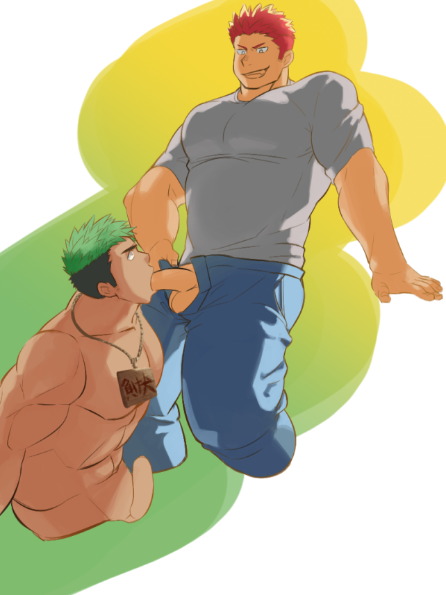 2boys alternate_facial_hair artistic_error bara blush clothed_male_nude_male cropped_torso dark-skinned_male dark_skin denim facial_hair fellatio from_side green_eyes green_hair ikusaba_daisuke jeans large_pectorals male_focus multiple_boys muscular muscular_male nude oral pants pectorals pollux_(housamo) profile ragi_san_(ononokomachiimo) red_hair short_hair sideburns_stubble sign smile standing stubble thick_eyebrows tokyo_houkago_summoners translation_request unfinished yaoi