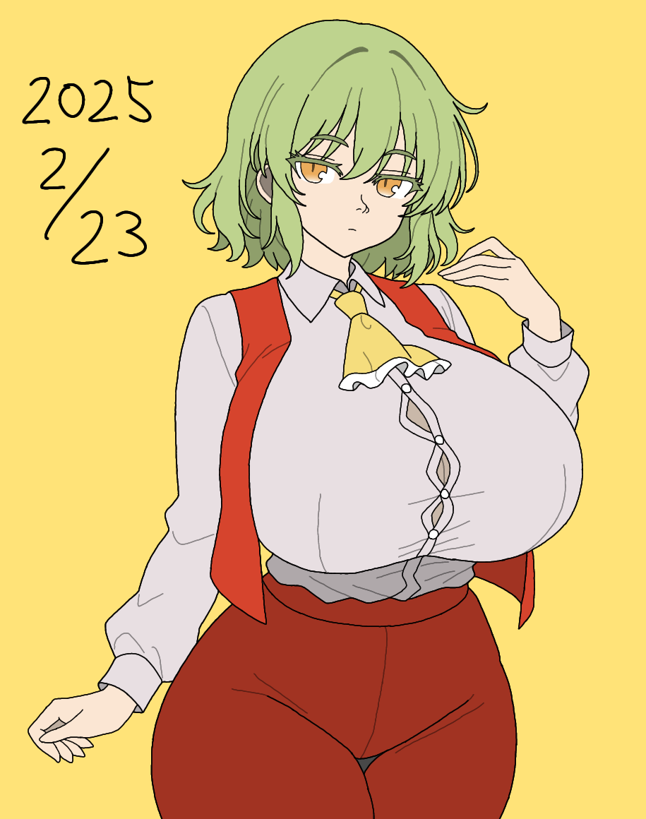 1girl 2025 ascot breasts cosplay dated expressionless green_hair hair_between_eyes hikage_(senran_kagura) huge_breasts jacket kazami_yuuka kazami_yuuka_(cosplay) look-alike looking_at_viewer pants red_jacket red_pants saroe530 senran_kagura shirt short_hair solo touhou trait_connection white_shirt yellow_ascot yellow_background yellow_eyes