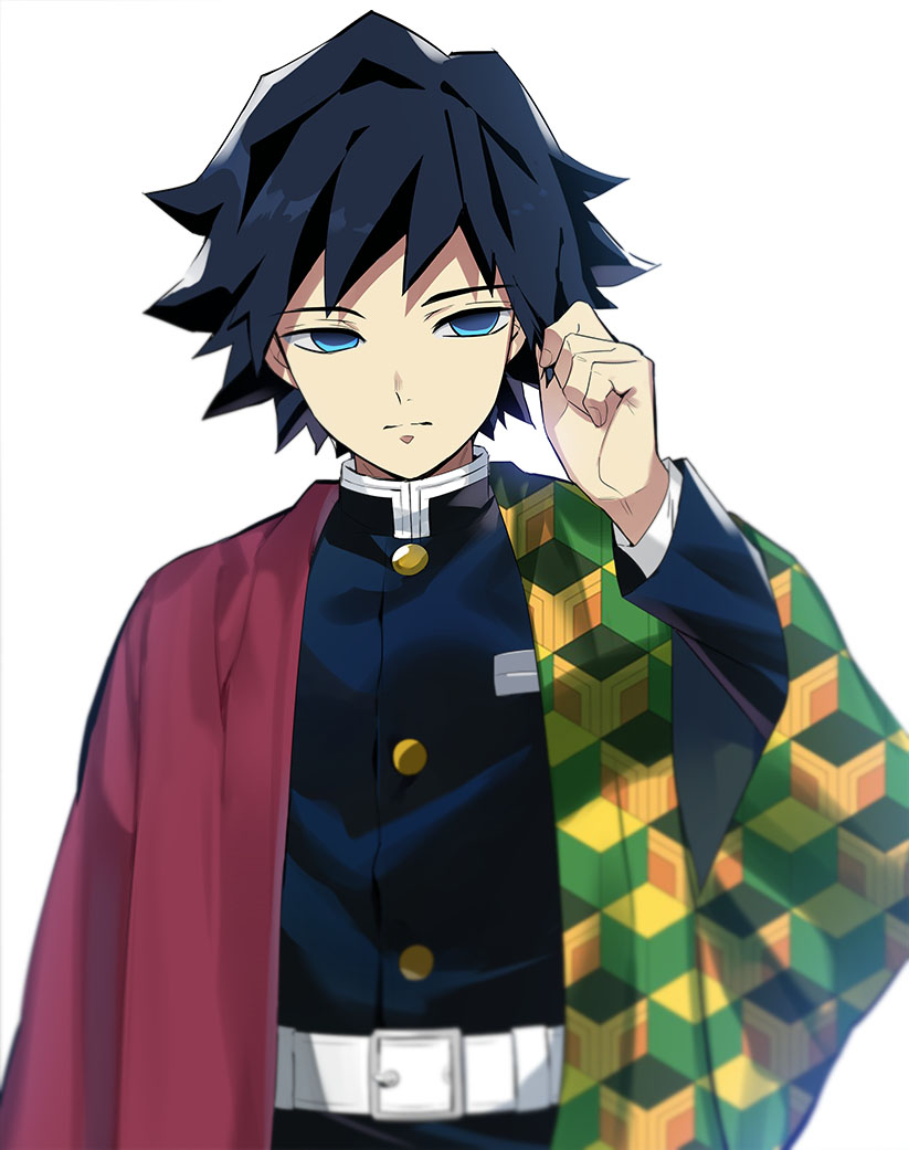 1boy alternate_hair_length alternate_hairstyle belt black_pants blue_eyes buttons closed_mouth demon_slayer_uniform empty_eyes hand_up haori japanese_clothes jinno_(megacake) kimetsu_no_yaiba male_focus pants red_haori short_hair simple_background solo spiked_hair tomioka_giyuu upper_body white_background white_belt