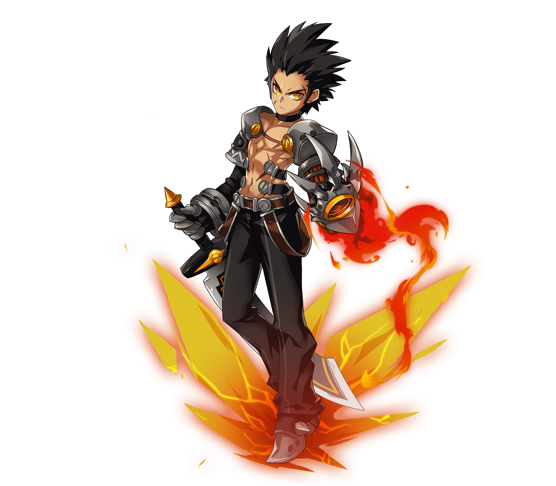 1boy abs armor armored_shoes bare_pectorals belt belt_buckle black_belt black_gloves black_hair black_pants black_sleeves brown_belt buckle claws closed_mouth cross_scar dark-skinned_male dark_skin detached_sleeves determined elsword embers facial_scar fire forehead frown full_body furrowed_brow game_cg gloves grey_shoes grey_sleeves highres holding holding_sword holding_weapon hwansang layered_sleeves long_sleeves looking_at_viewer male_focus mechanical_arms multiple_belts navel official_art open_belt orange_eyes pants pauldrons pectorals pyrokinesis raven_cronwell scar scar_on_cheek scar_on_chest scar_on_face scar_on_stomach second-party_source shoes short_hair short_over_long_sleeves short_sleeves shoulder_armor single_detached_sleeve single_glove single_mechanical_arm single_sleeve solo spiked_hair standing sword tachi-e toned toned_male transparent_background v-shaped_eyebrows weapon