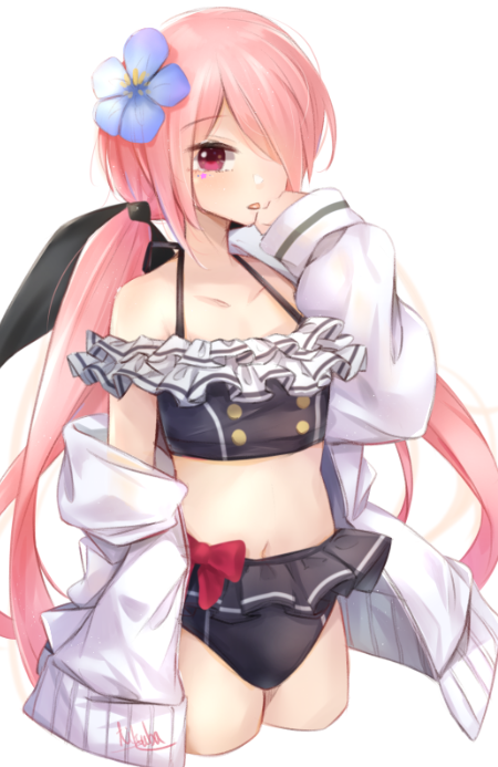 1girl :o bikini black_bikini black_bra bra breasts chaos;child flower hair_flower hair_ornament hair_over_one_eye hekiho_academy_school_uniform jacket long_hair looking_at_viewer low_twintails minamisawa_senri navel oversized_clothes pink_hair red_eyes school_uniform science_adventure small_breasts solo stomach swimsuit thighs twintails unconventional_school_uniform underwear white_jacket yakku