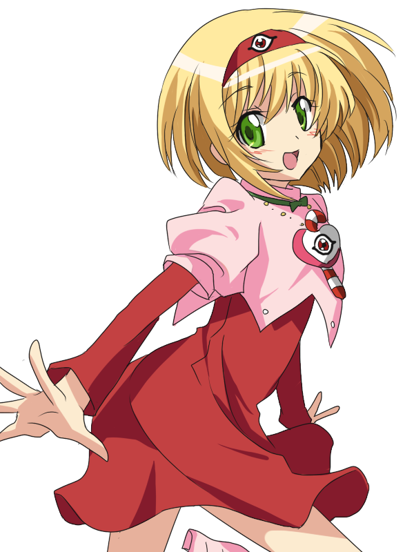 00s 1girl blonde_hair candy candy_cane compacthuman cropped_jacket dai_mahou_touge dress female_focus food green_eyes hairband happy jewelry necklace rumia_(compacthuman) short_hair simple_background solo tanaka_punie