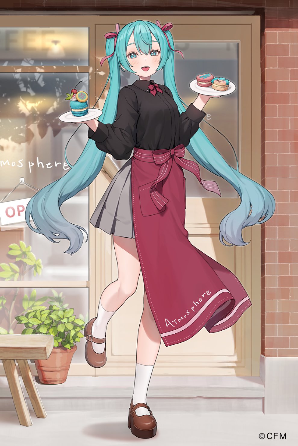 1girl :d apron aqua_eyes aqua_hair black_shirt bow bowtie brick_wall cafe copyright_name display_case double-parted_bangs food full_body gradient_hair grey_hair hair_ribbon hamunezuko_(nezukonezu32) hatsune_miku highres holding holding_plate kneehighs long_hair macaron mary_janes multicolored_hair open_mouth plant plate pleated_skirt potted_plant ribbon shirt shoes skirt smile socks solo standing standing_on_one_leg twintails very_long_hair vocaloid wooden_door