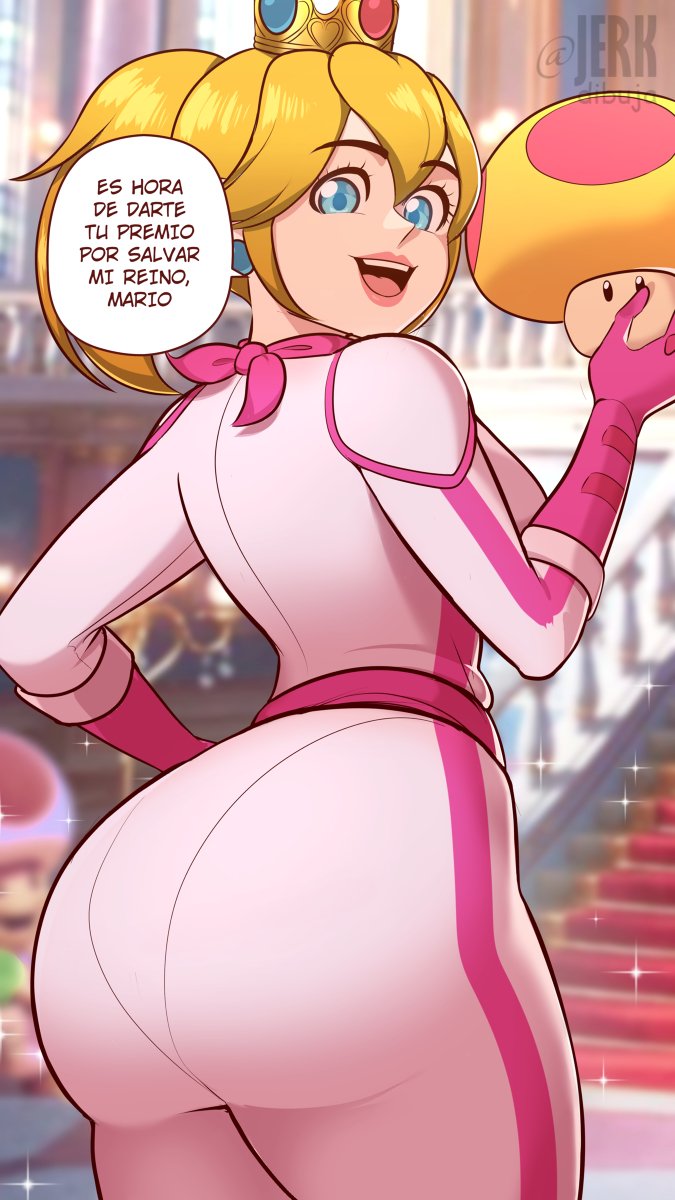1girl apervertguy ass blonde_hair blue_eyes bodysuit breasts hand_on_own_hip highres huge_ass jerkdibuja large_breasts legs long_hair looking_at_viewer looking_back mario_(series) mega_mushroom mushroom nintendo open_mouth pink_lips ponytail princess princess_peach sideboob smile spanish_text sparkle speech_bubble the_super_mario_bros._movie thick_thighs thighs translation_request twitter_username watermark