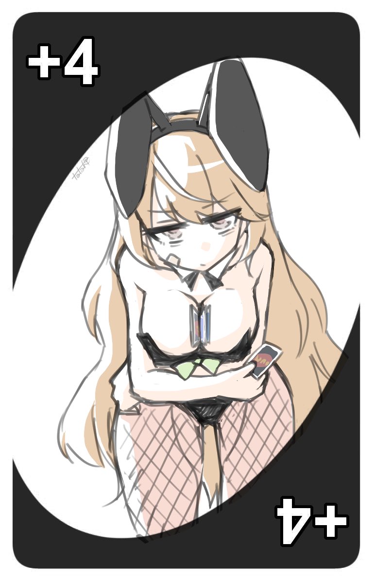 1girl alternate_costume alternate_hair_length alternate_hairstyle animal_ear_hairband animal_ears bandaid bandaid_on_face between_breasts black_leotard bow bowtie breasts brown_hair card card_(medium) card_between_breasts cleavage fake_animal_ears fishnet_pantyhose fishnets grey_eyes hairband holding holding_card kantai_collection leotard long_hair medium_breasts oboro_(kancolle) pantyhose playboy_bunny rabbit_ears solo strapless strapless_leotard tatahai uno_(game)