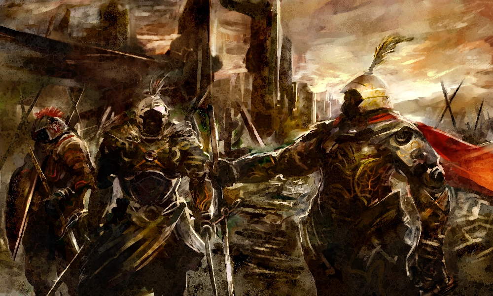3boys armor cape dannoura_yuuki helmet male_focus multiple_boys pixiv_fantasia pixiv_fantasia_5 shield sword weapon